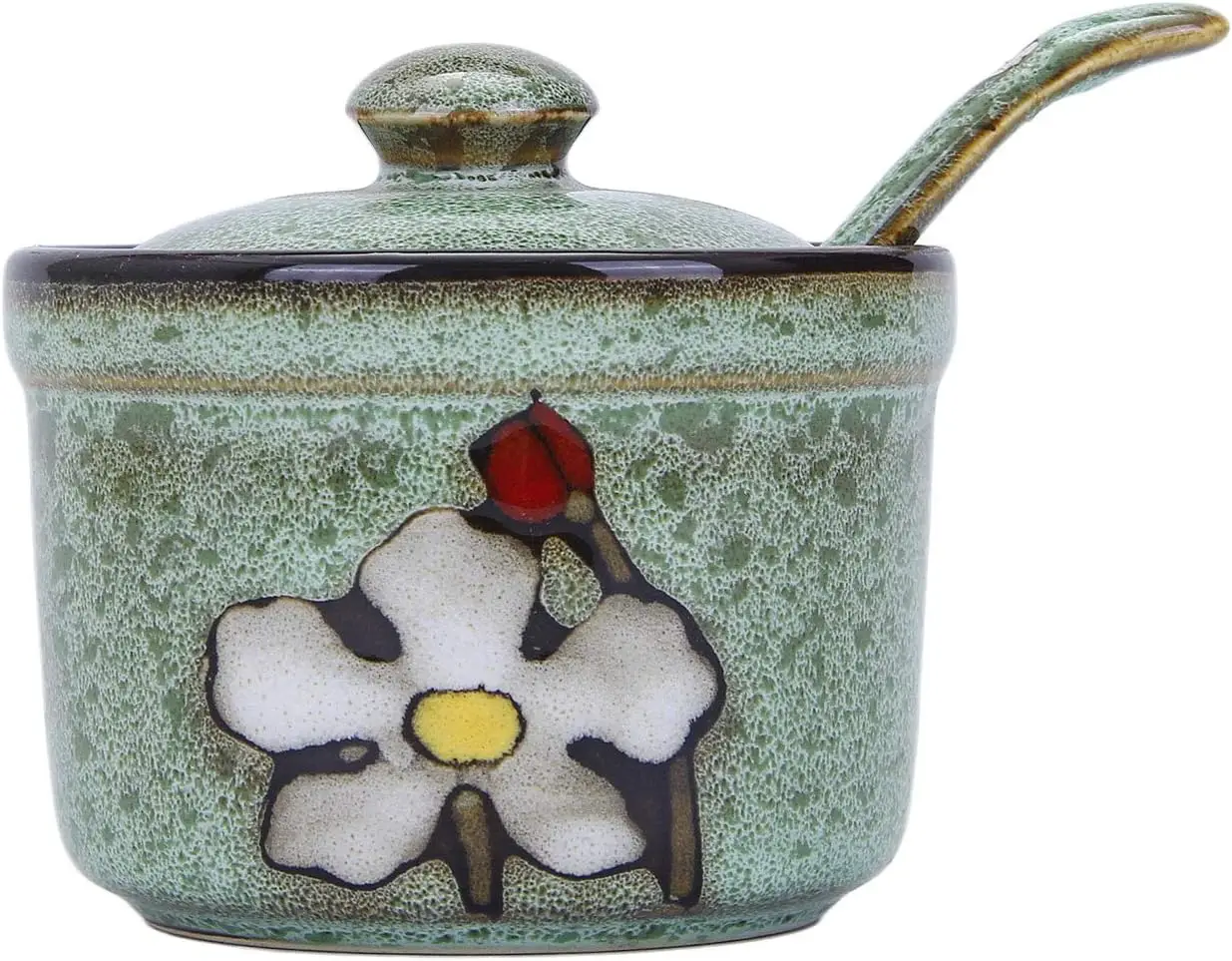 

Retro Hand Painted Ceramic Sugar Bowl with Spoon for Spice Storage and Condiment