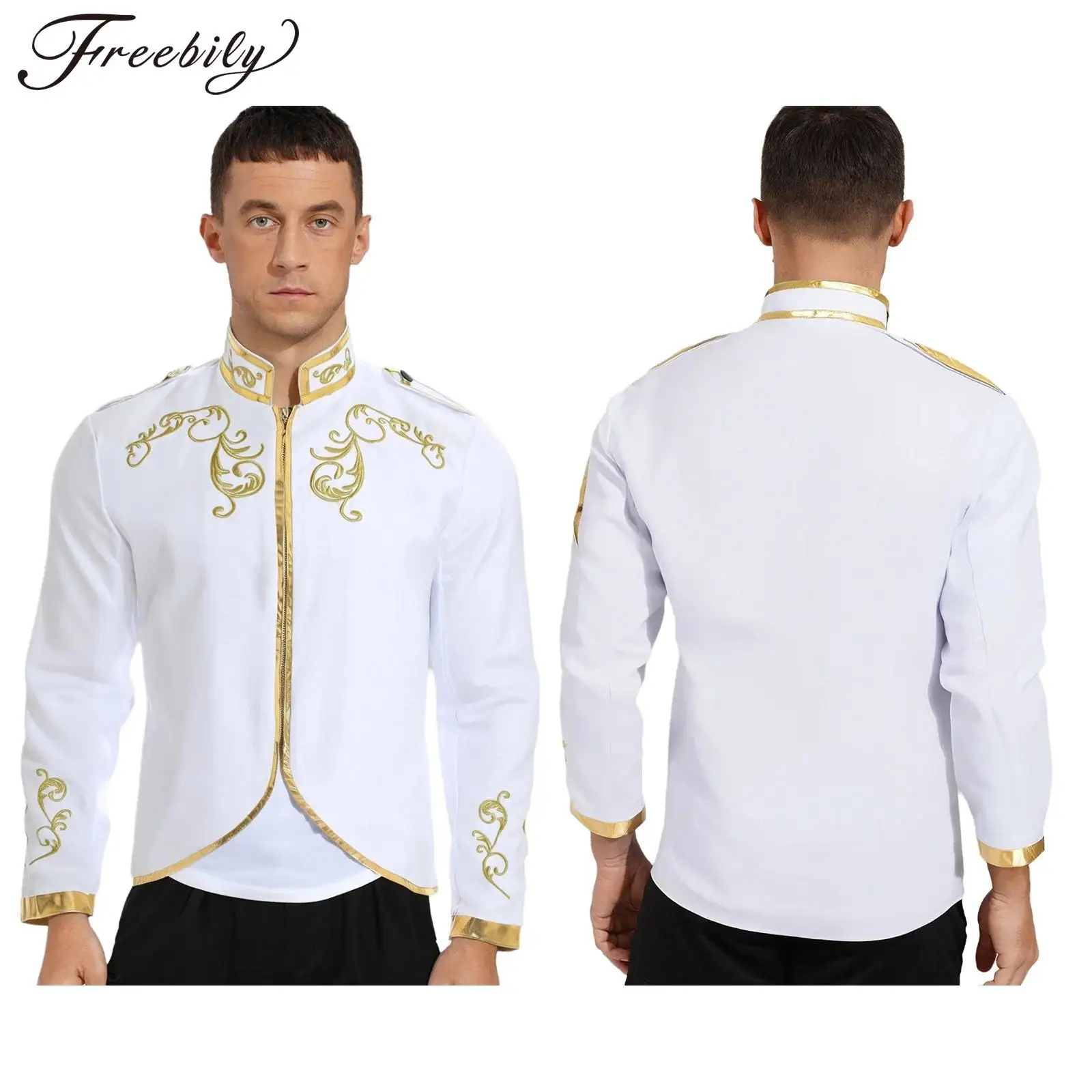 

Men Halloween Medieval Renaissance Palace Prince Cosplay Costume Victorian Royal Noble Shirt Long Sleeve Embroidered Zipper Coat