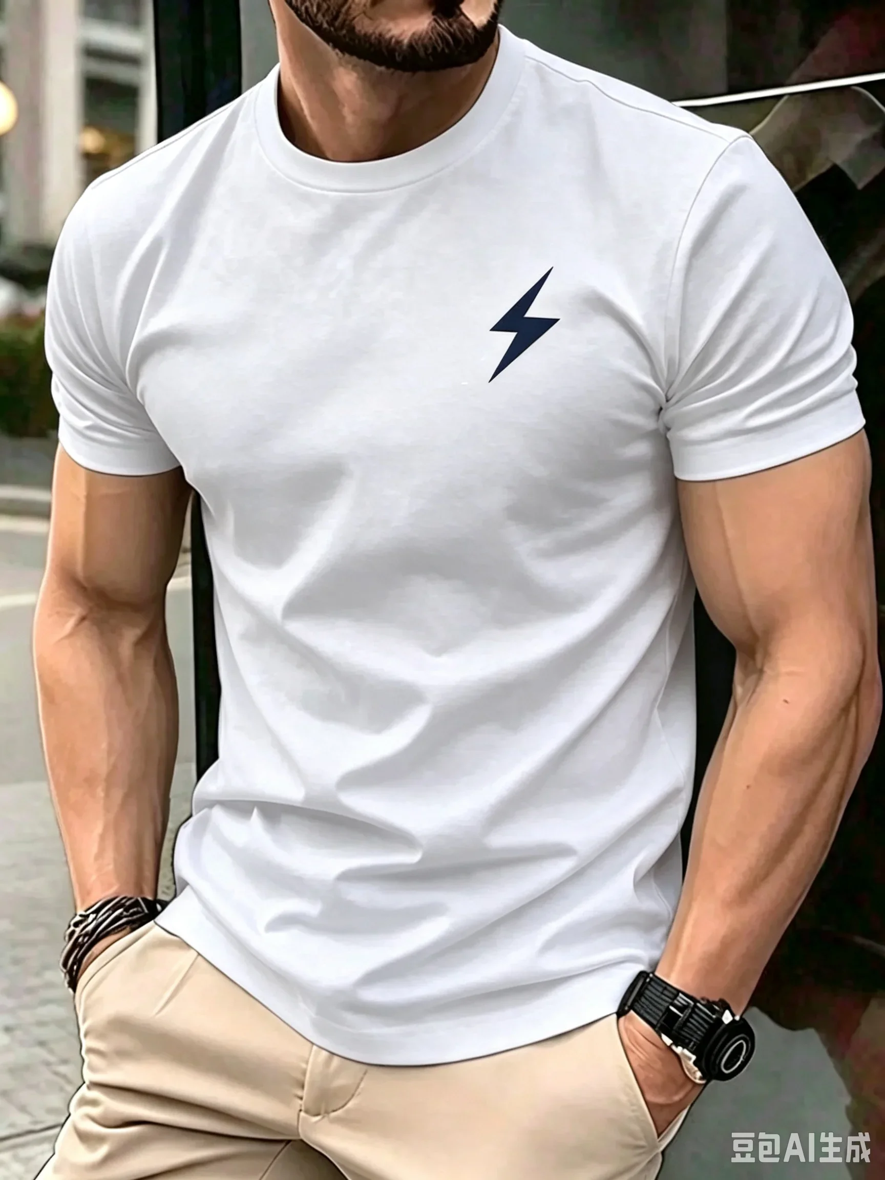 Fashion New Men's Small Lightning Graphic T-Shirt Simple White Thunder Symbol Print Short Sleeve T-shirt Basic Casual Tee Tops