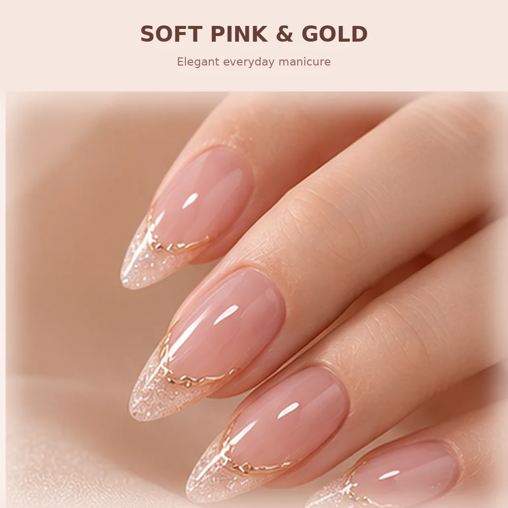 24PCS Pink Nude French Tip Press On Nails for Women Irregular Rose Gold Glitter Almond Fake Nails