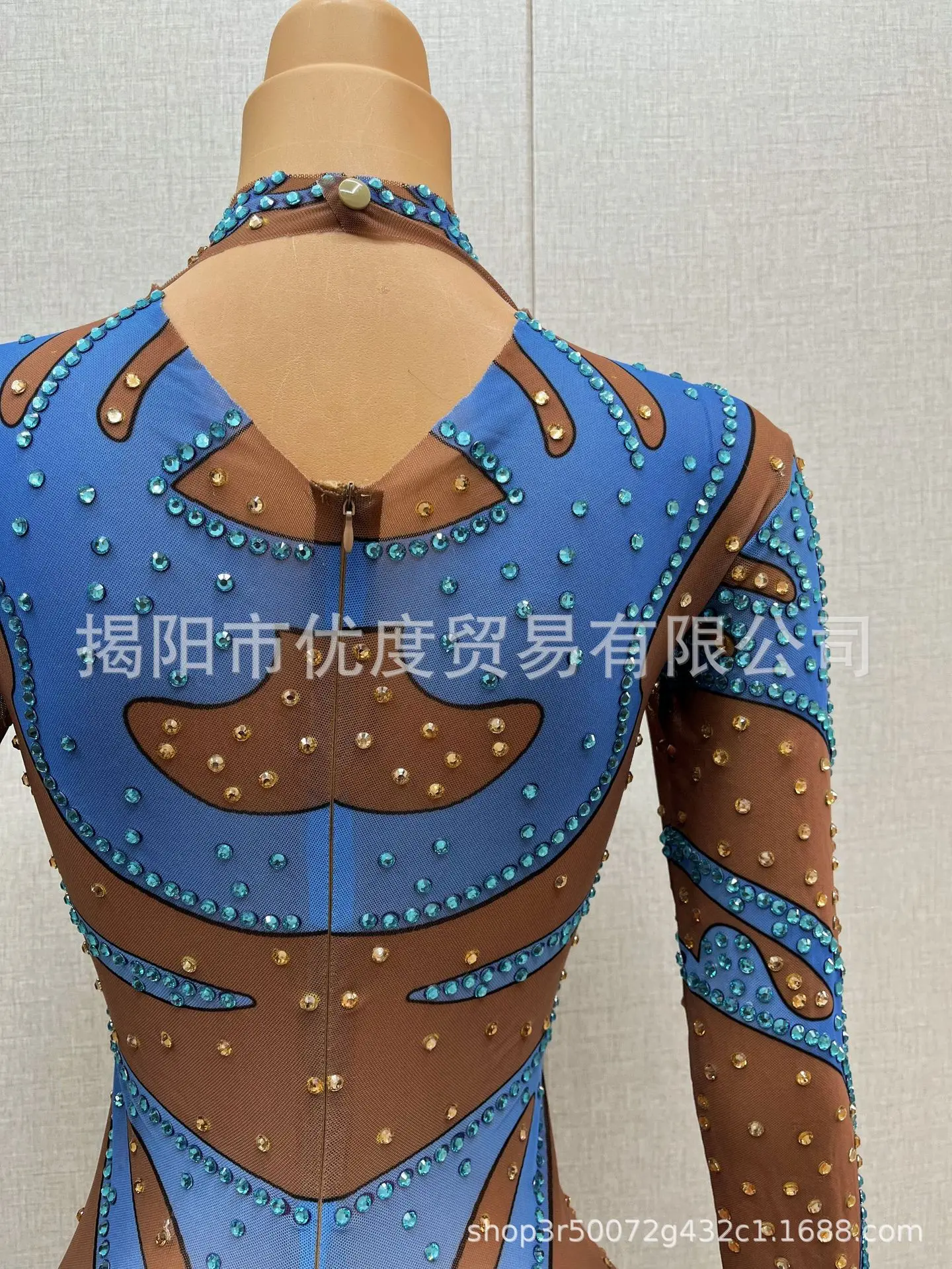 Sexy Nische Luxus Strass Mesh Slim Overall Sänger Nacht Empfang Leistung Blau Goldfisch Designer Luxus Abendkleider