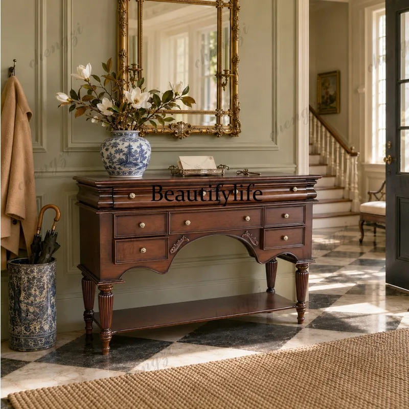 American retro solid wood porch cabinet, side cabinet, carved multi-drawer storage decorative cabinet