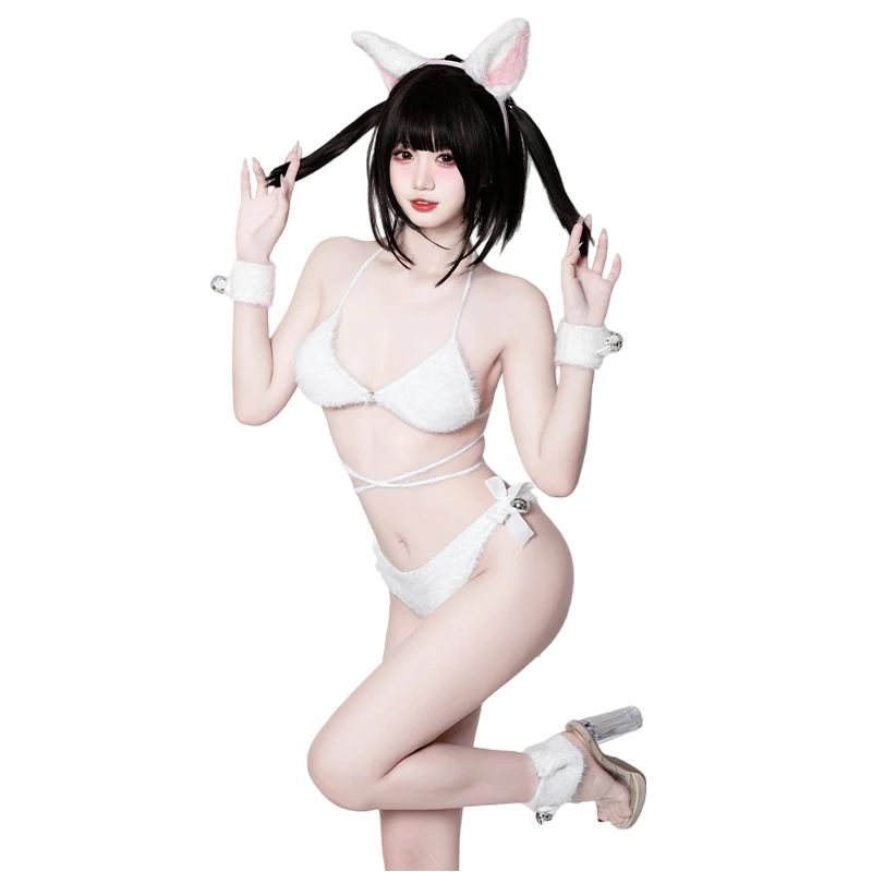 

SENMHS оригинальный белый милый свитер с овечкой для косплея, комплект из 3 предметов, бикини, нижнее белье, дизайн с вырезами, женский комплект Kawaii