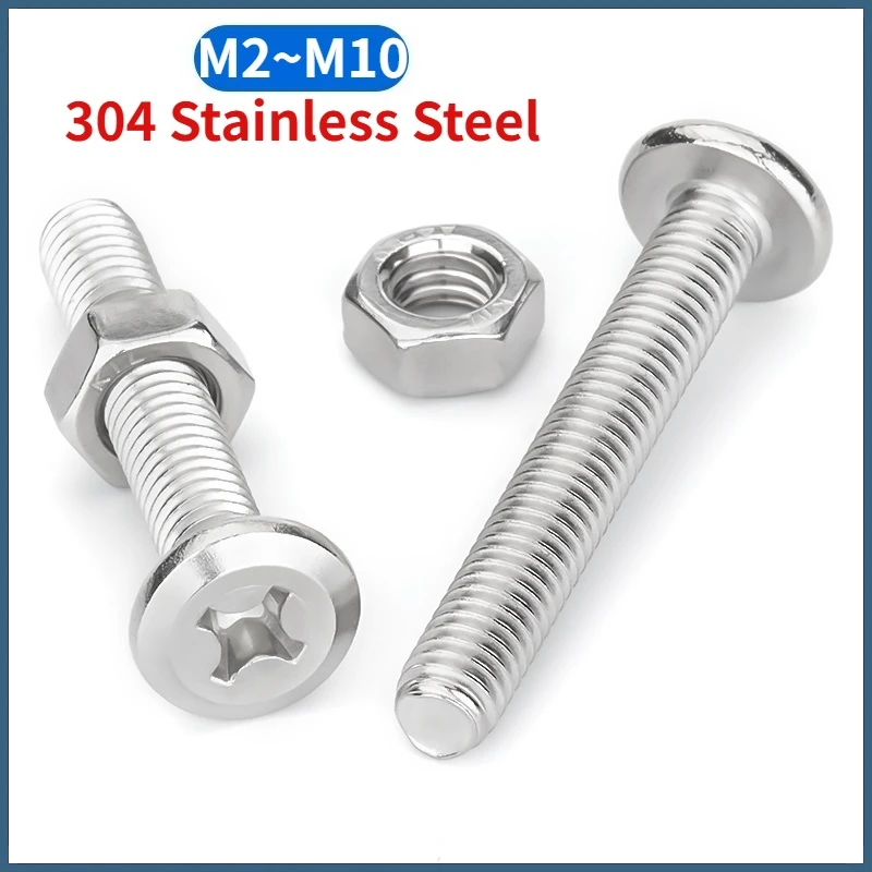 M2 M2.5 M3 M4 M5 M6 M8 M10 304 Stainless Steel Furniture Connector Bolts Phillips Flat Head Screws and Hexagon Full Nuts Set