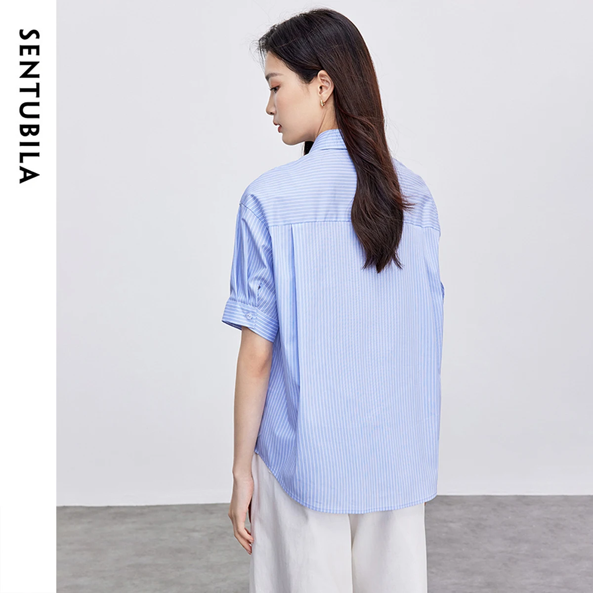 SENTUBILA Blue Artistic Print Women's Shirt 2025 Summer Cotton Striped Fashion Lapel Short Sleeve Workwear Blouse 152C59410