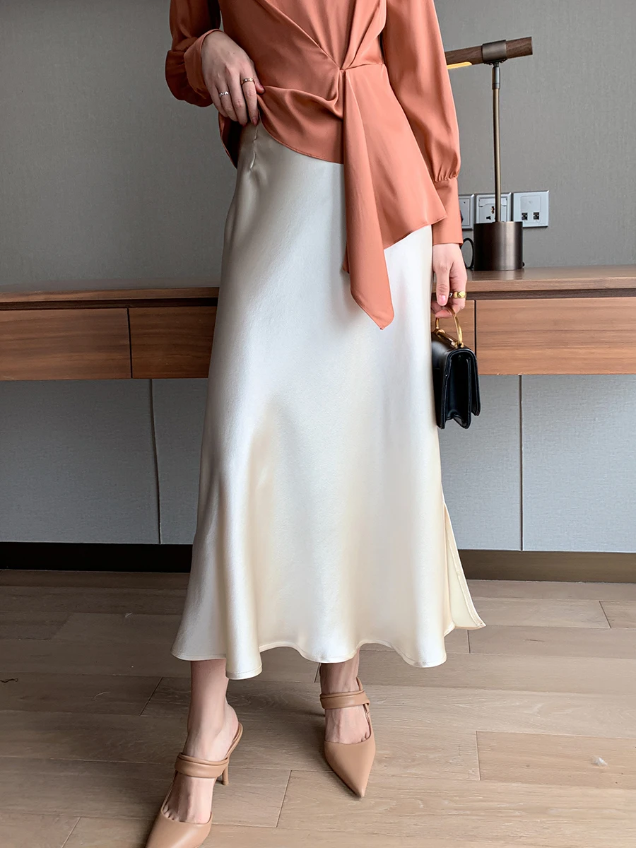 

10 Colors Heavyweight Triacetate Satin Halter Skirt Bodycon 45 Degree Angle Cut A-Line Skirt Commute Simple High Waist