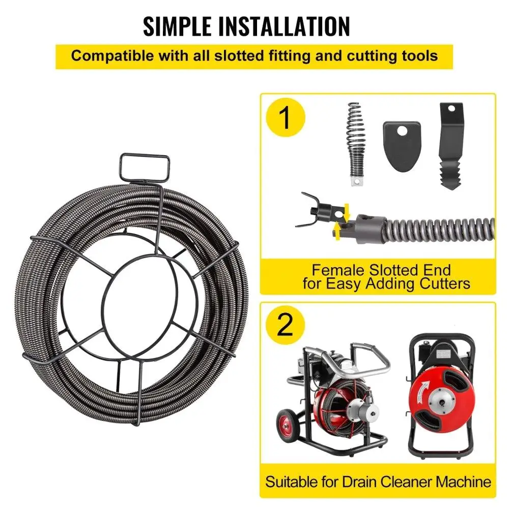 75ft Drain Cleaning Cable Auger Snake - 1/2in Sewer Drain Pipe Tool for Clogs