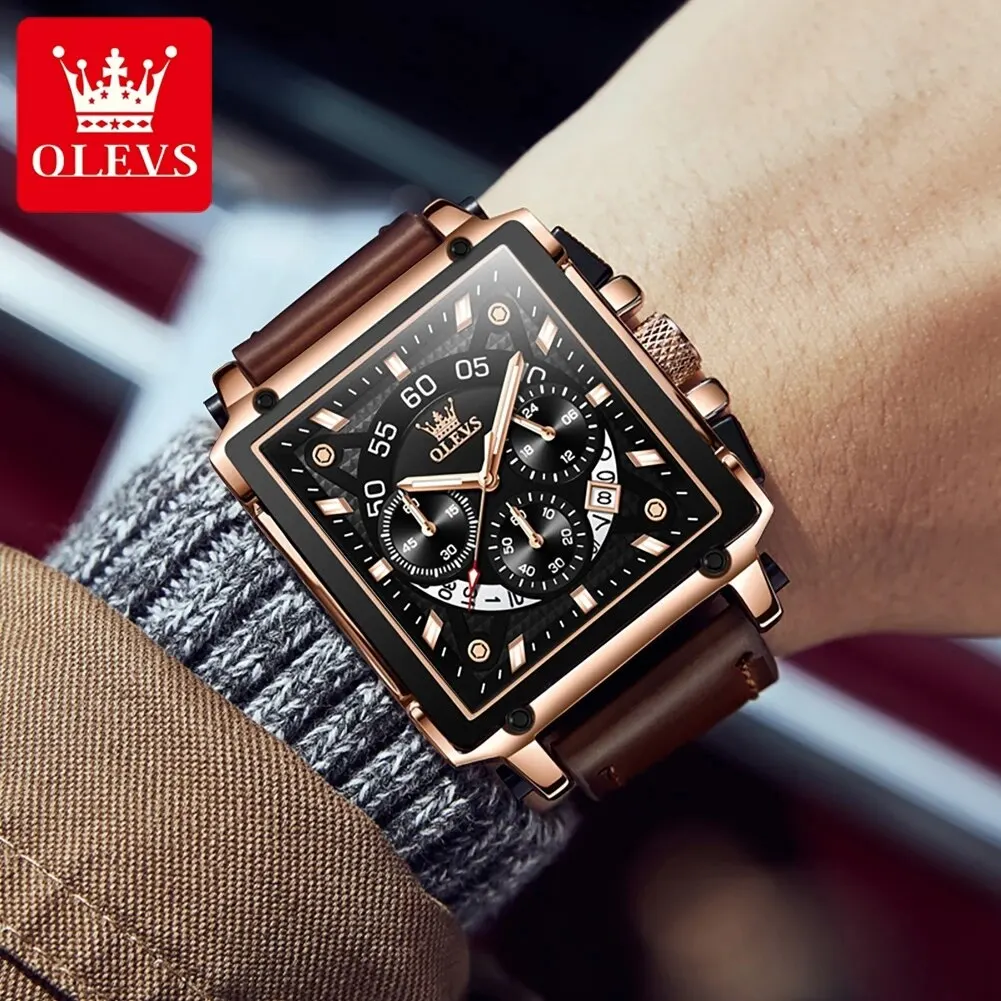 OLEVS 9919 Men Watch Fashion Square Dial Leather Strap Chronograph Waterproof Sports Clock Luxury Original Quartz Wristwatch Man