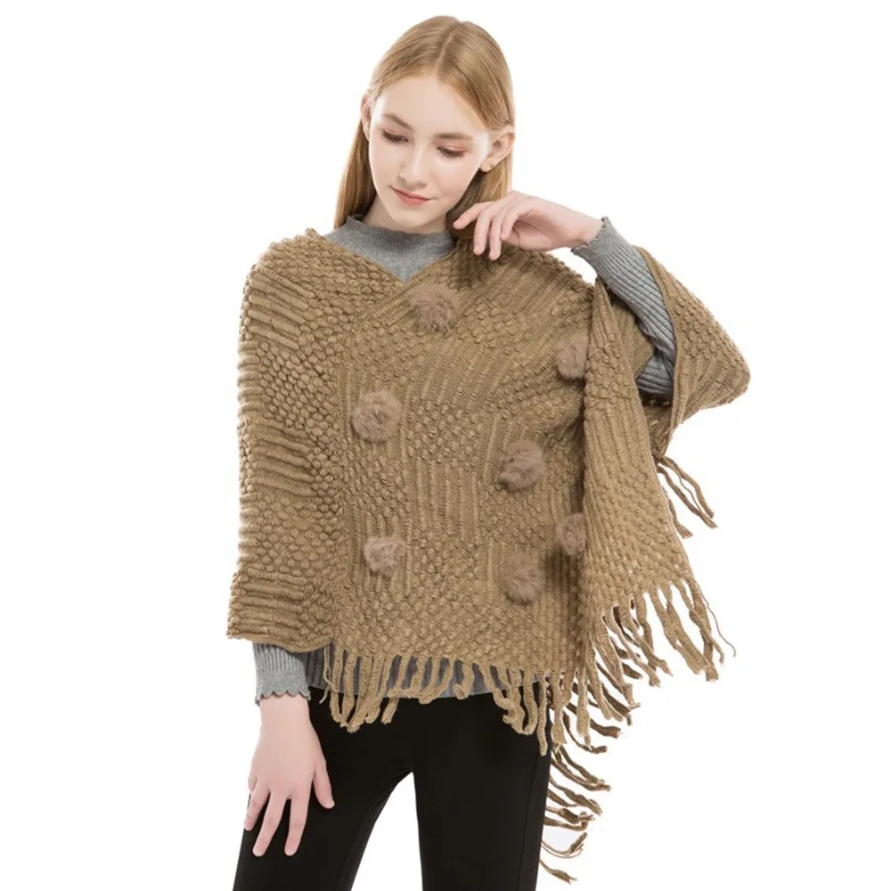 

Новая теплая шаль из искусственного кашемира, большие размеры, шарик из кроличьего меха, женская накидка, однотонный вязаный свитер