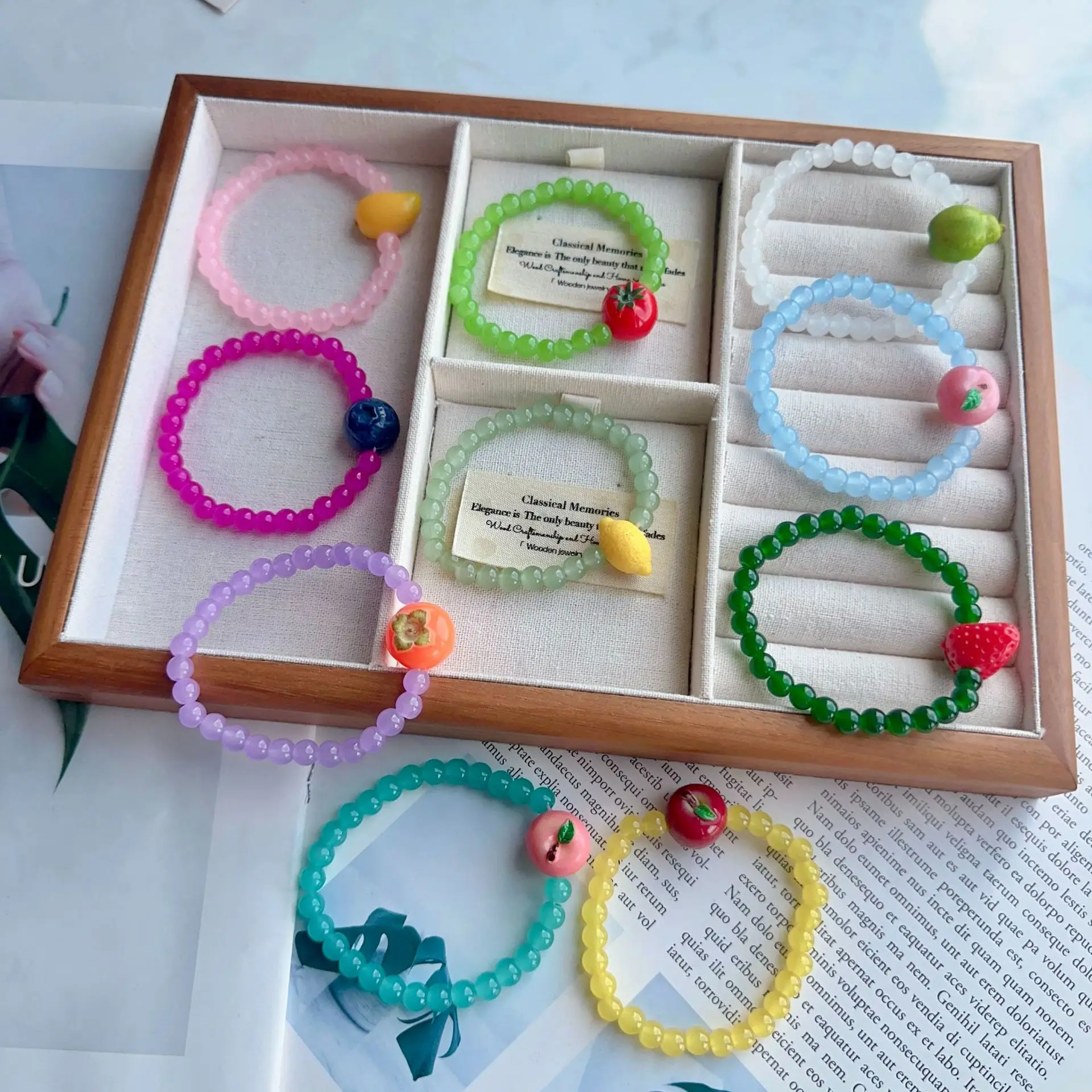 DOREMI Fruitcore Realistic Fruit Beaded Bracelet Elastic Stretch 3D Resin Strawberry Peach Y2K Dopamine Summer Jewelry Bracelet