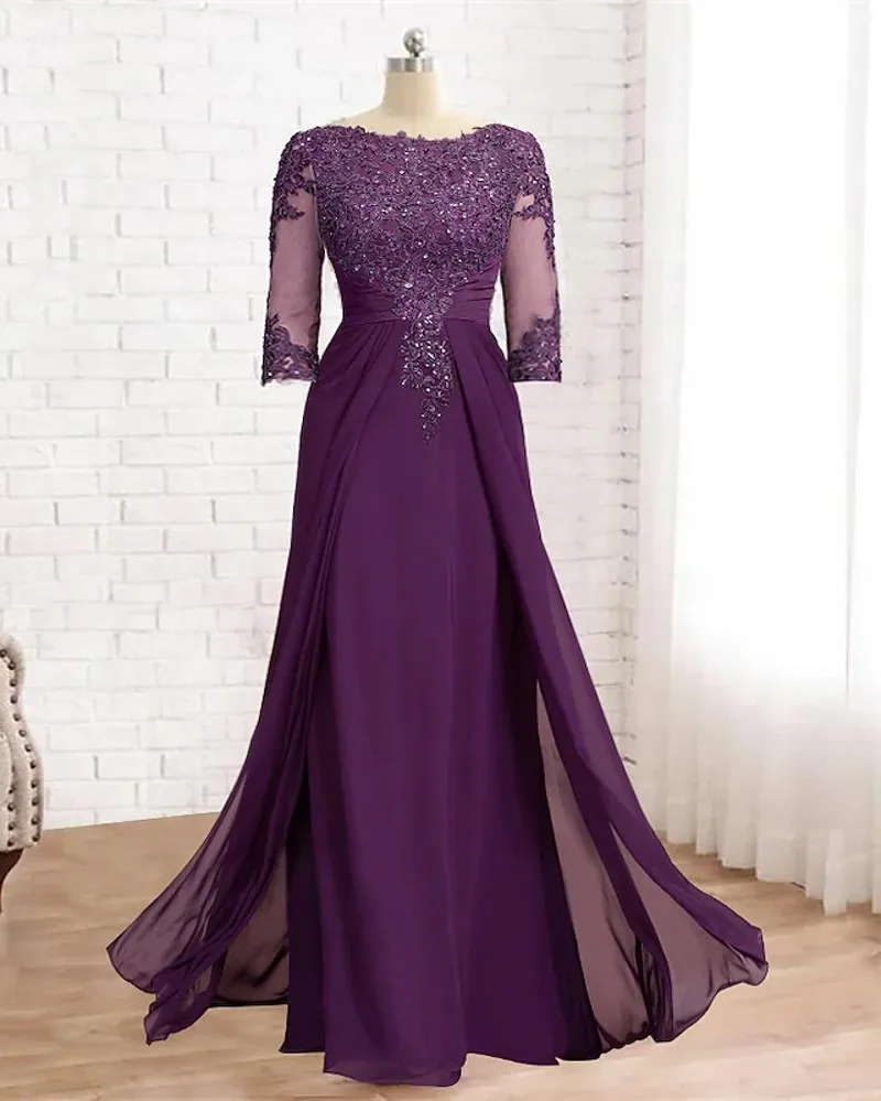 Sheath Grape Mother of the Bride Dress Elegant Jewel Half Sleeves Sequin Appliques Chiffon Wedding Guest Party Gowns New