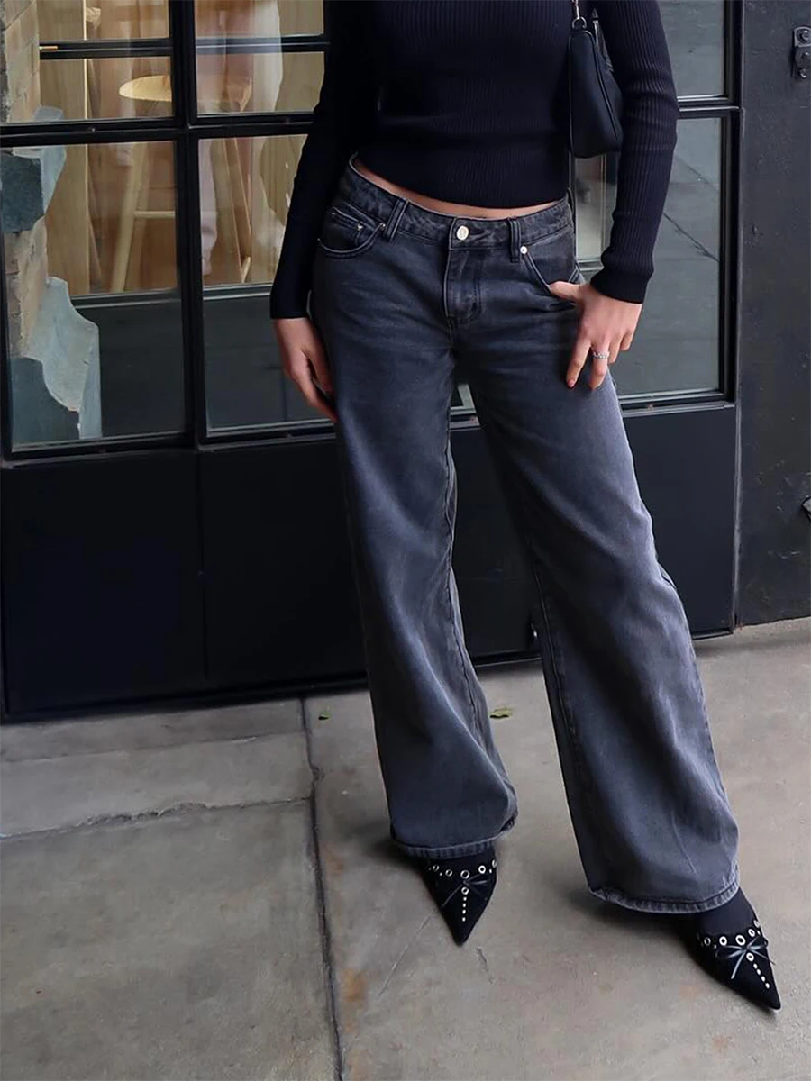 Y2k Jeans mit weitem Bein Frauen Herbst lässig einfache mittlere Taille gewaschene Jeans hose 2024 neue Mode Büro Dame gerade Hose