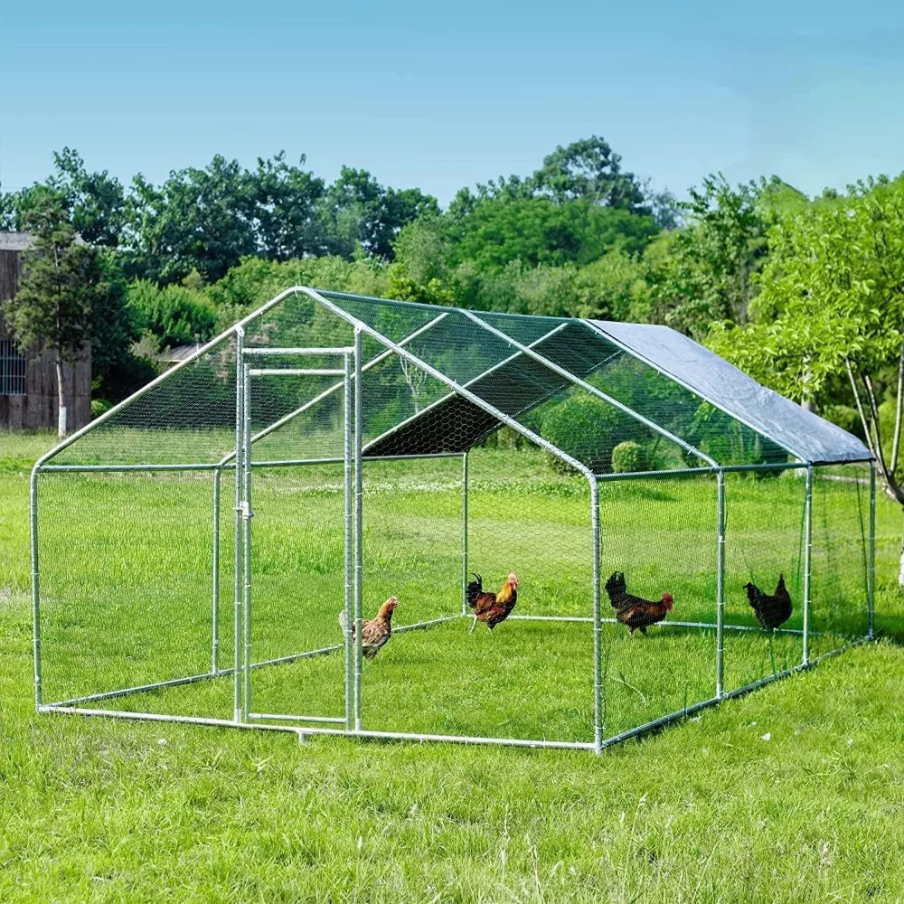 Large Metal Chicken Coop with Run, Walk in Poultry Cage Chicken Run Pen, Outdoor Chicken Runs for Yard