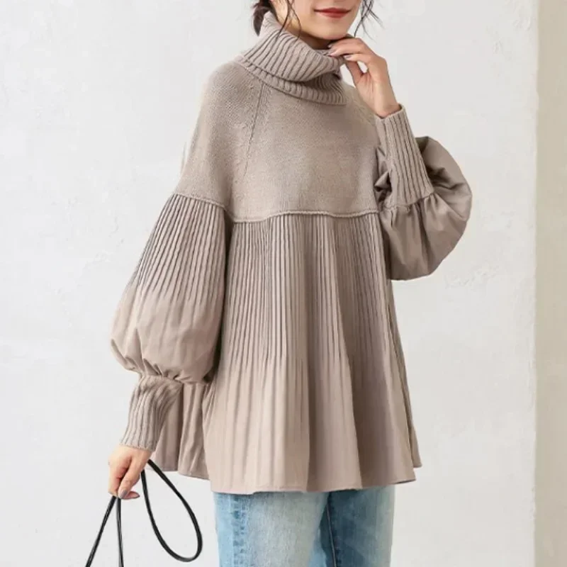 New Fashion 2023 Autumn and Winter  Long Sleeve Stitching Split Knitted Sweater Loose Fit High NeckLadies Large Size Pullover