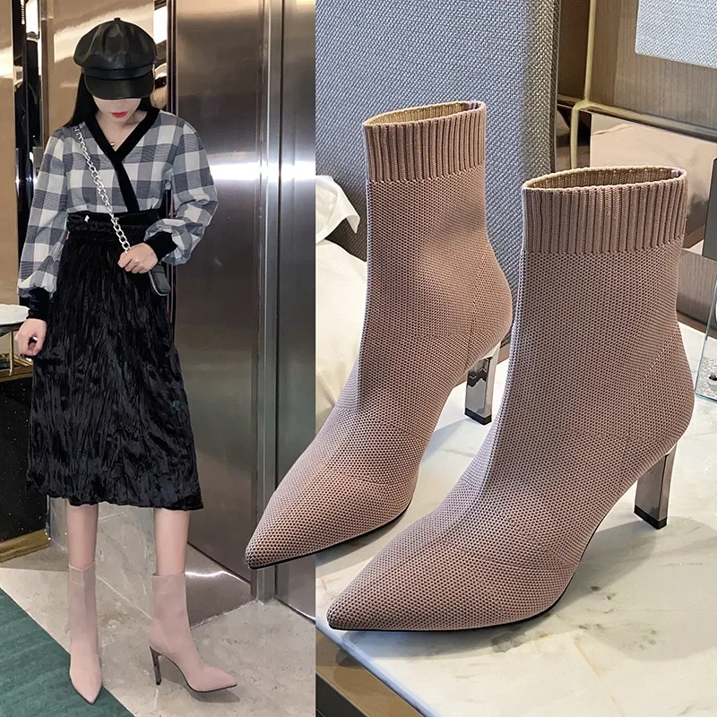 Metal Blade Heels Socks Boots Women Stretch Fabric Elastic Stilettos Heel Pointed Toe Ankle Boots Shoes Woman Boats2021