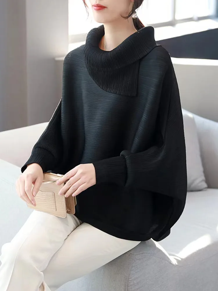 Women Miyake Pleated 2023 Fold Spring Solid Color Top Lapel Loose Large Size Bat Sleeves Designer Polo Collar Aesthetic Clothes