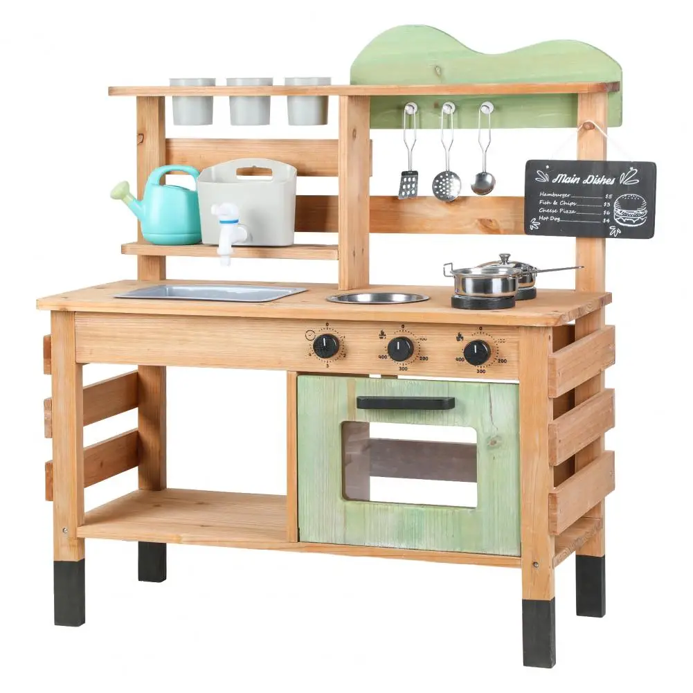 Cucina di fango, set da cucina per giochi di finzione in legno per esterni con stufe, lavello rimovibile, rubinetto, lavagna, accessori da cucina