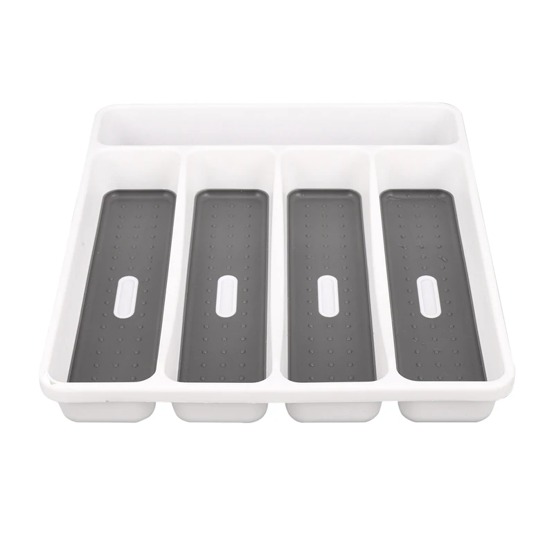 Large Gray Silverware Tray Fork Collection Container 5 Compartments Soft-Grip Lining Plastic Cutlery Storage Box For Tableware