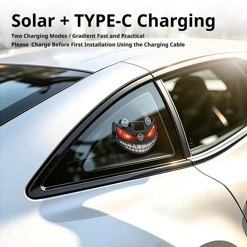Devil Eye Car LED Warning Light Solar Type-C Dual Charging Dynamic Demon Face Atmosphere Lamp Vibration Light Sensor Decor Light