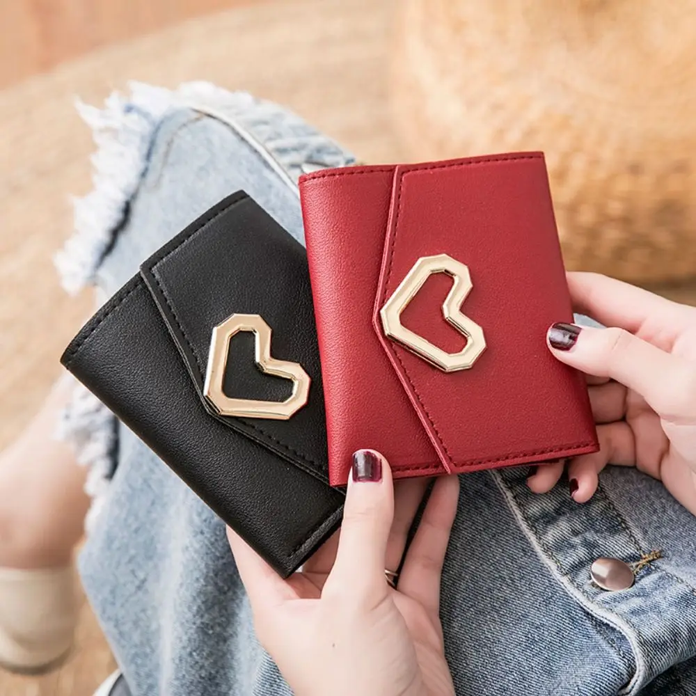 Fashion PU Leather Square Trifold Wallet 5 Colors Heart-Shaped Short Wallet Clutch Bag Women Girls