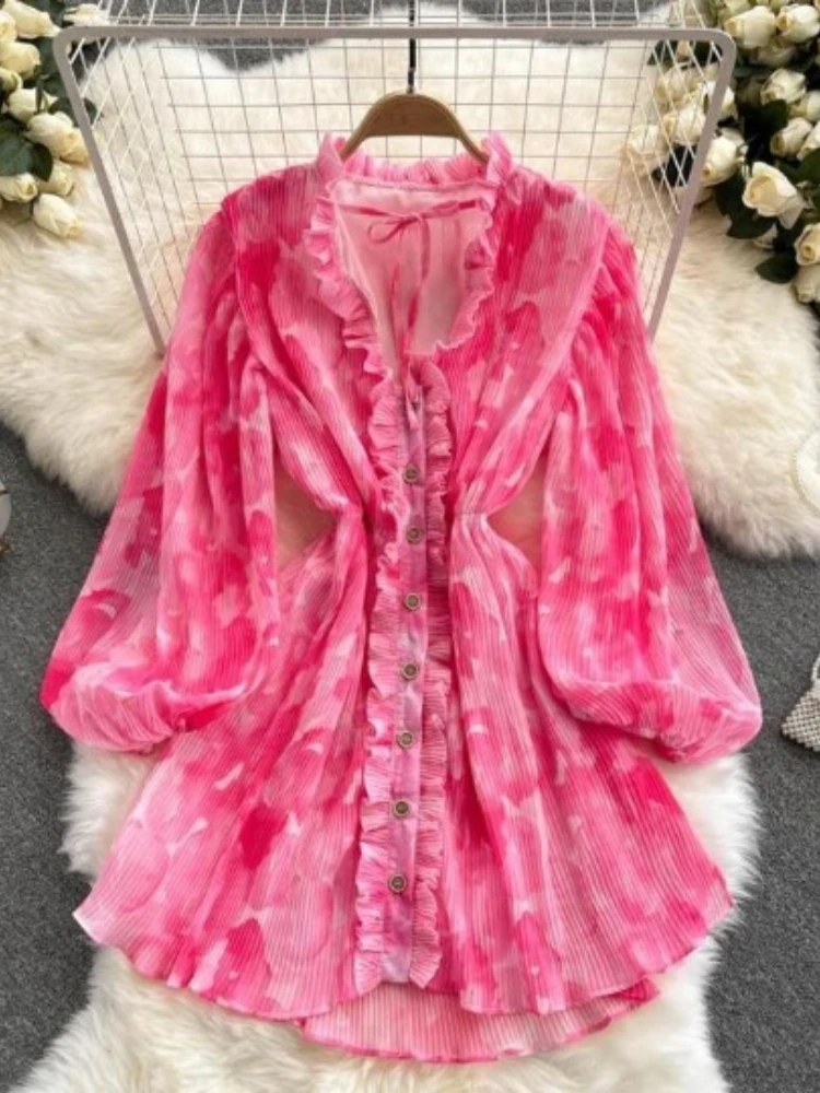 Beach Summer Vintage Printed Dress for Women New Bubble Sleeves Slim Wooden Ear Lace Up A Line Boho Short Dress