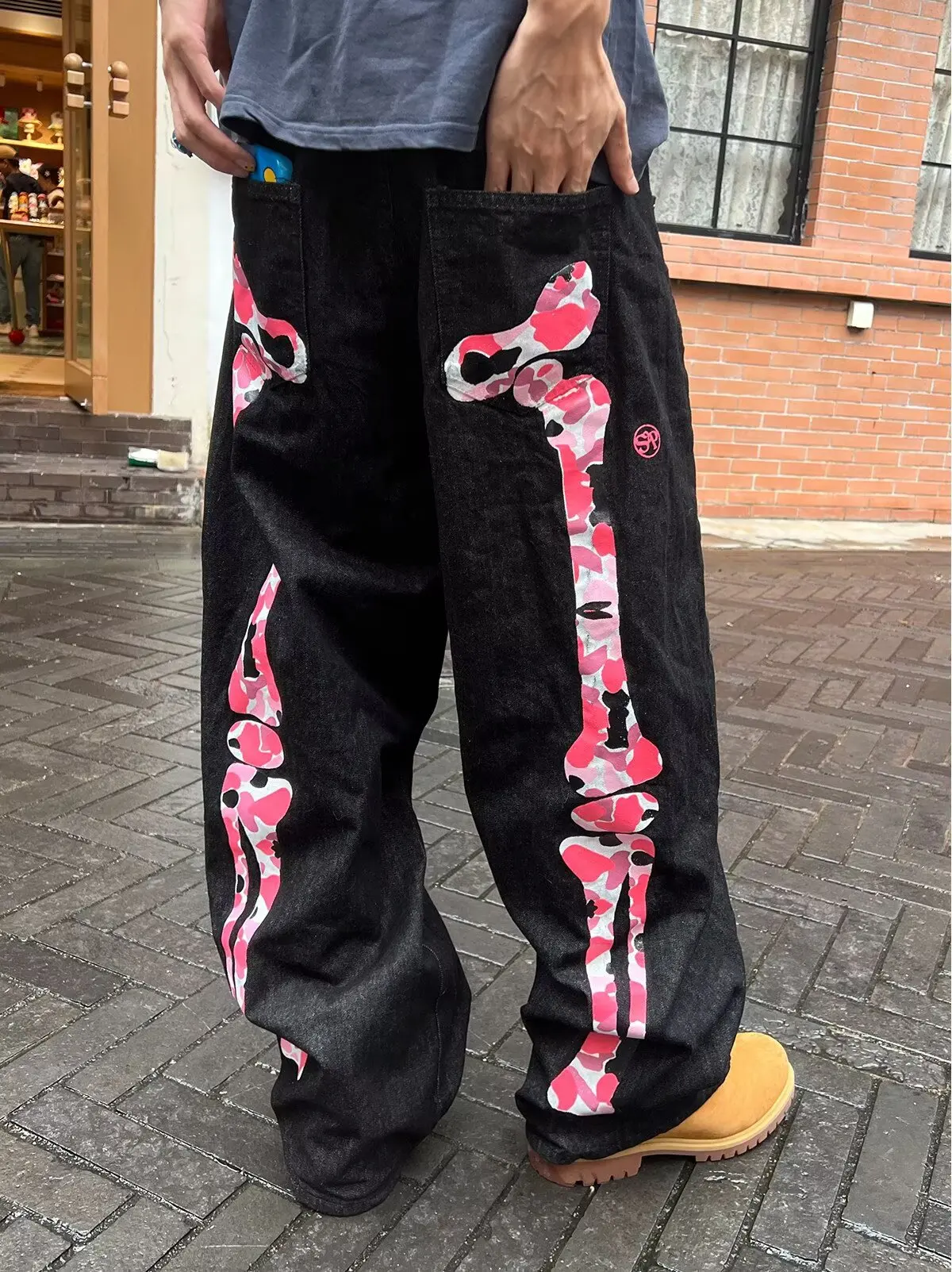 Men's Bone Print Jeans American Style Old Washed Wide Leg Retro Loose Fashion Trend Wide Leg Jeans Goth Pant Y2K Unisex