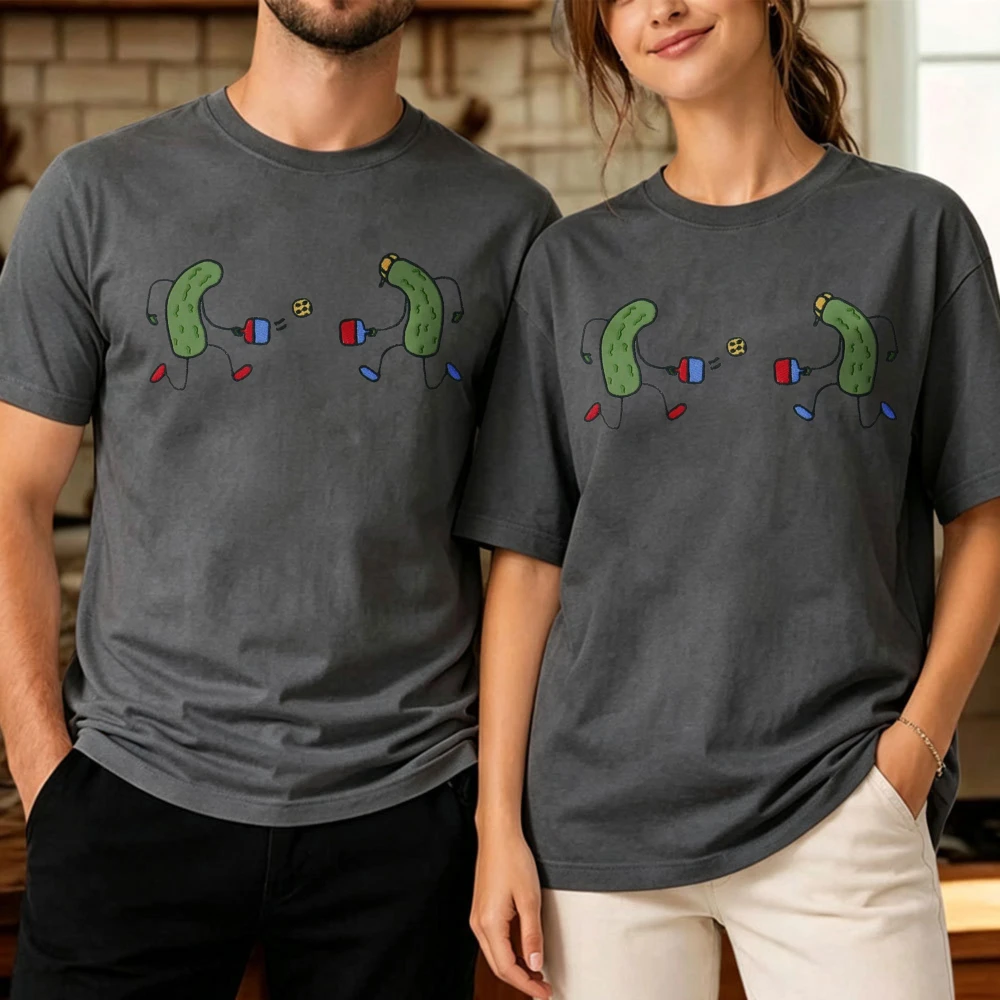 Cute Cartoon Two Pickle Characters Playing Pickleball with Paddles Print Cotton Tshirt Unisex Funny Vegetable Sports Graphic Top