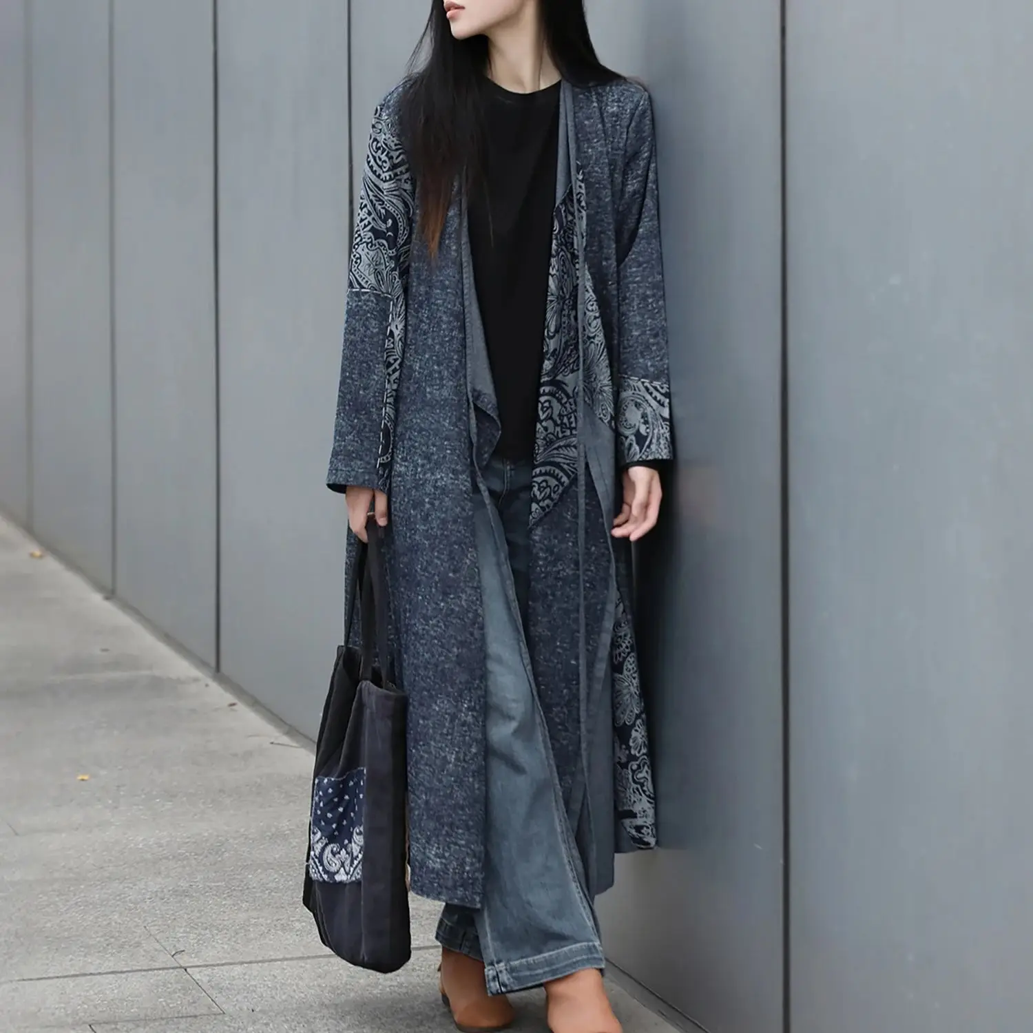 

LZJN Women's Long Cinched Coat with Folk-Inspired Design and Hanfu-Style Cross Collar Loose-Fit Vintage Trench Coat for Autumn