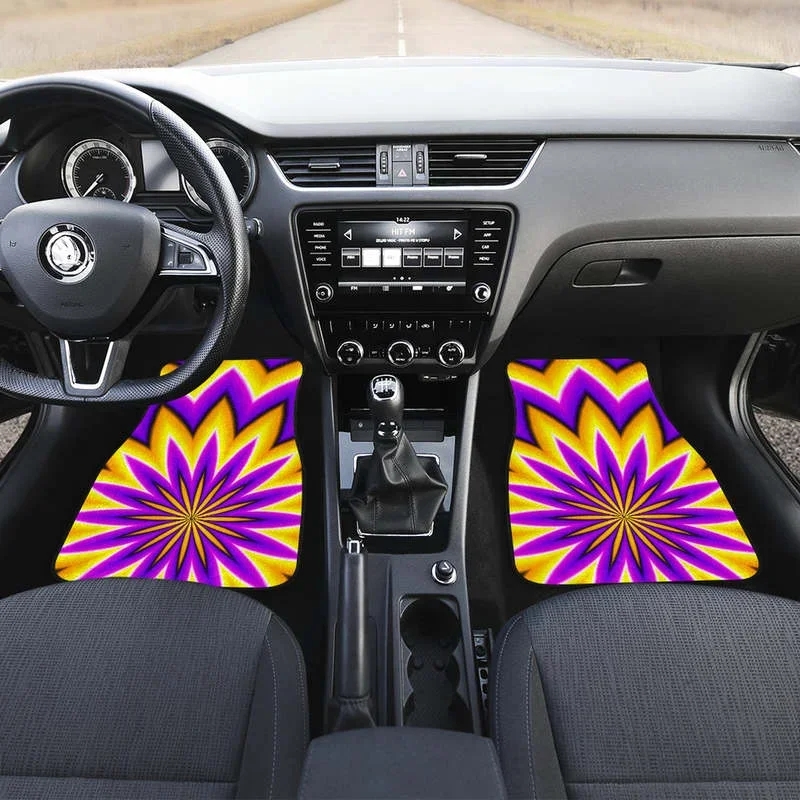 Yellow Flower Moving Optical Illusion Front and Back Car Floor Mats Heavy Carpet Front and Rear Full Set 4PCs Pack