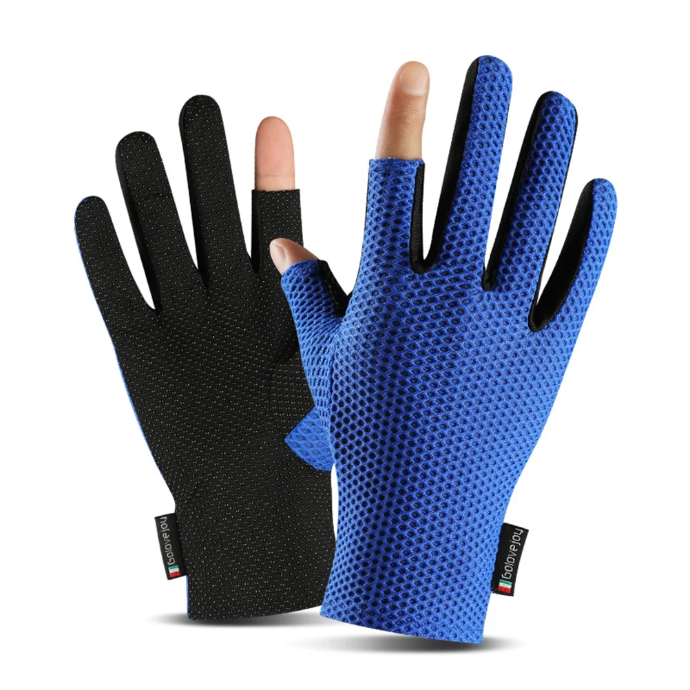 1 Pair Outdoor Sports 2 Cut Finger Gloves Non-Slip Breathable Workout Gloves for Cycling Climbing Fishing Riding (Blue)