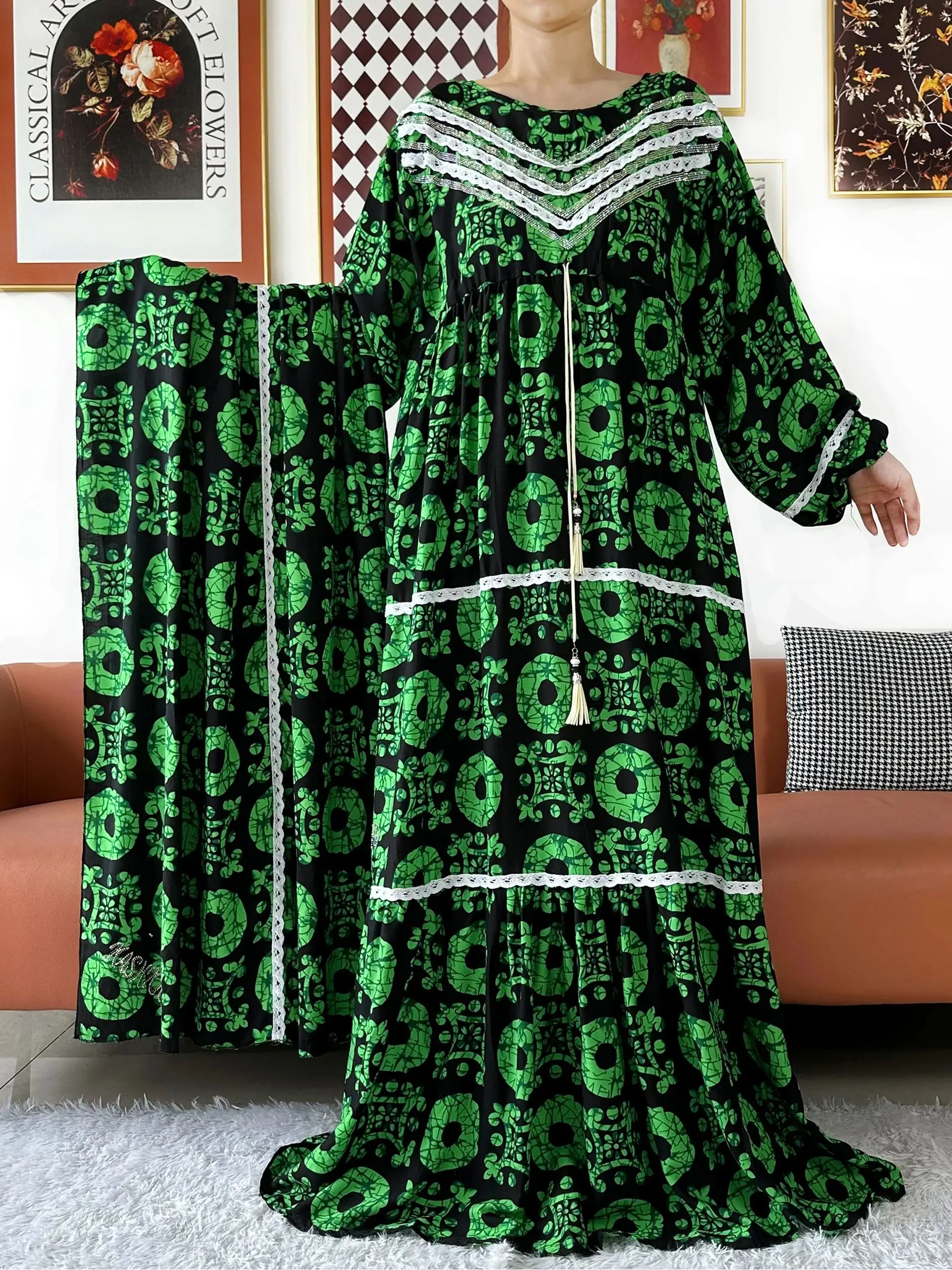 2025 نسيج عالي الجودة KASHKHA فساتين نسائية فستان بكم طويل عباية قطن وشاح كبير بوبو ماكسي إسلام فستان نسائي أفريقي #5