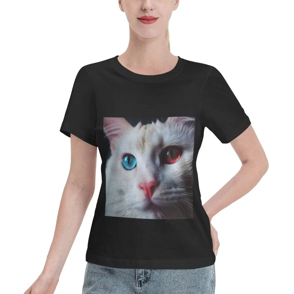 Limited Offer Art Portrait Of A White Cat With Two Coloured Eyes Women's T-shirt Simple Chic Outdoor Casual Top