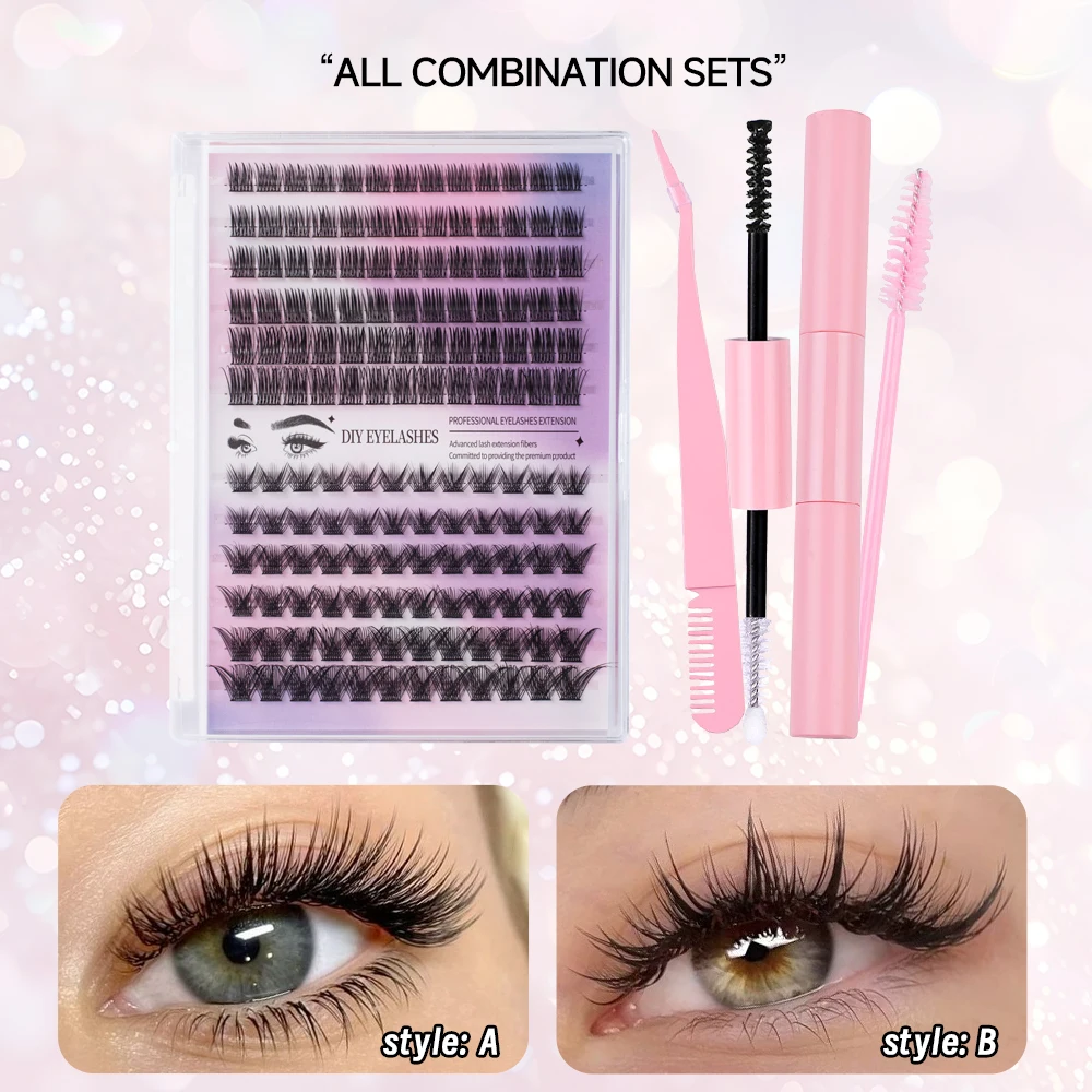 Kit estensione ciglia fai-da-te, cluster C-Warp 150 pezzi steli sottili, pennello mascara super fisso incollaggio e colla per ciglia sigillata e pinzette