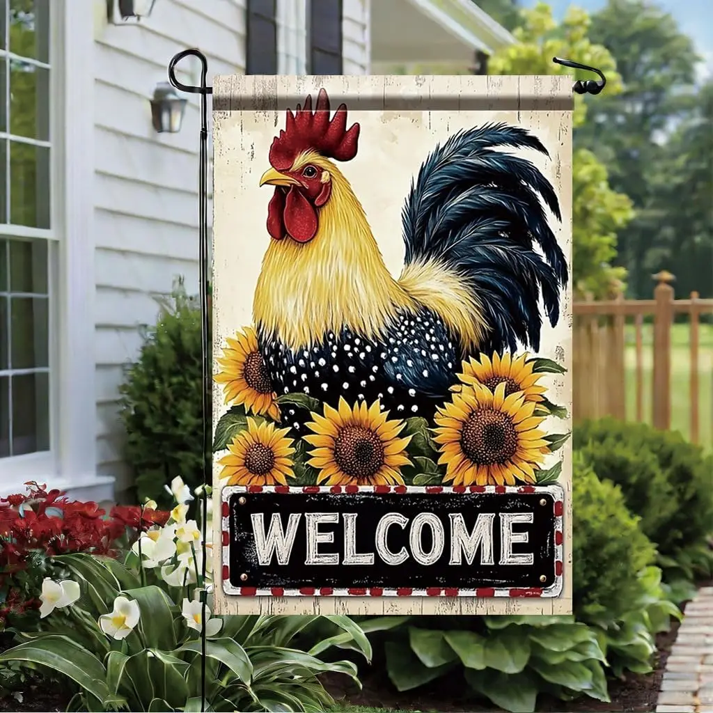 Welcome Garden Flag Rooster and Sunflowers 12x18 Inch Double Sided Outdoor YardBanner Rustic Farmhouse Country Style Decorat zzo