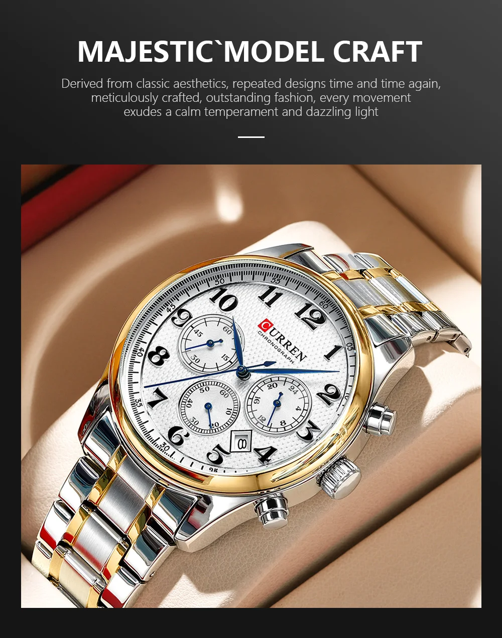 CURREN Modische Sport-Chronograph-Herrenuhr mit Edelstahlarmband, Automatisches Datum, Lässige Quarz-Armbanduhr, Relogio Masculino – Detail 3