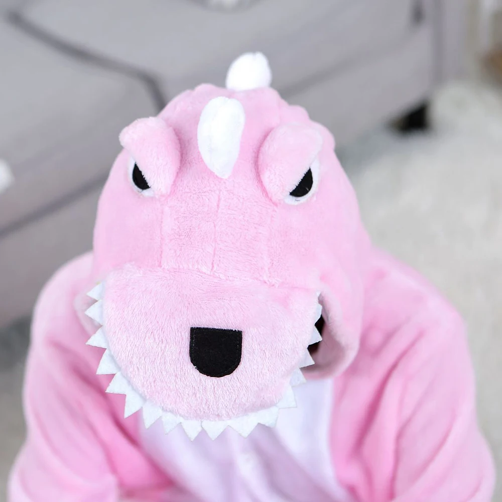 Funny Pink Dinosaur Pajamas Set Adult Kigurumi Onesie Winter Warm Animal Hooded Cartoon Onepiece Women Girls Sleepwear Jumpsuit