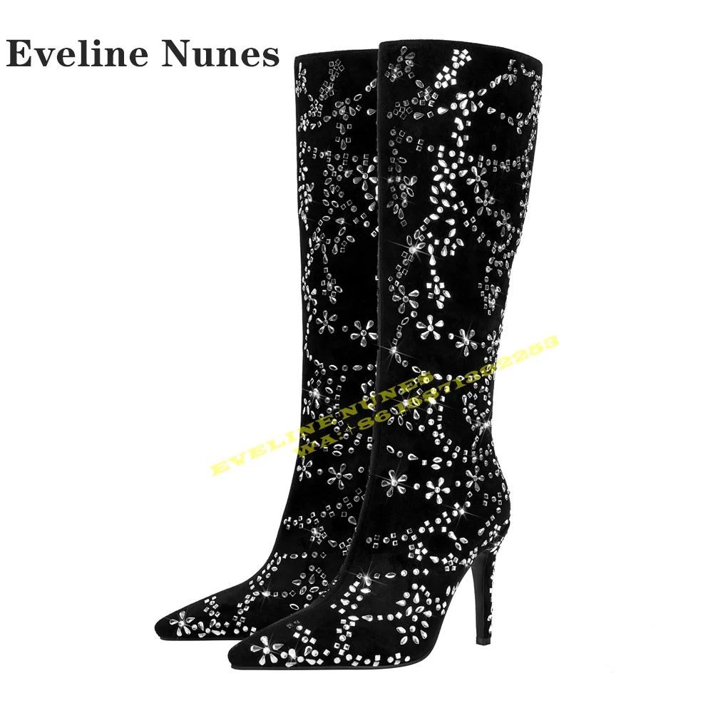 

Black Rhinestone Pointed Toe Knee-High Boots Stiletto Heels Side Zipper Plus Size Sexy Fashion Party Booties 2024 New Style