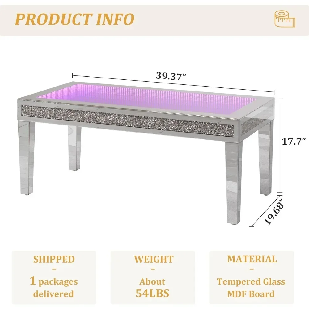 Mirror Coffee Table with Thousand Level Lights, Rectangular Glass, Equipped with Broken Diamond Tempered Glass Silver Furniture