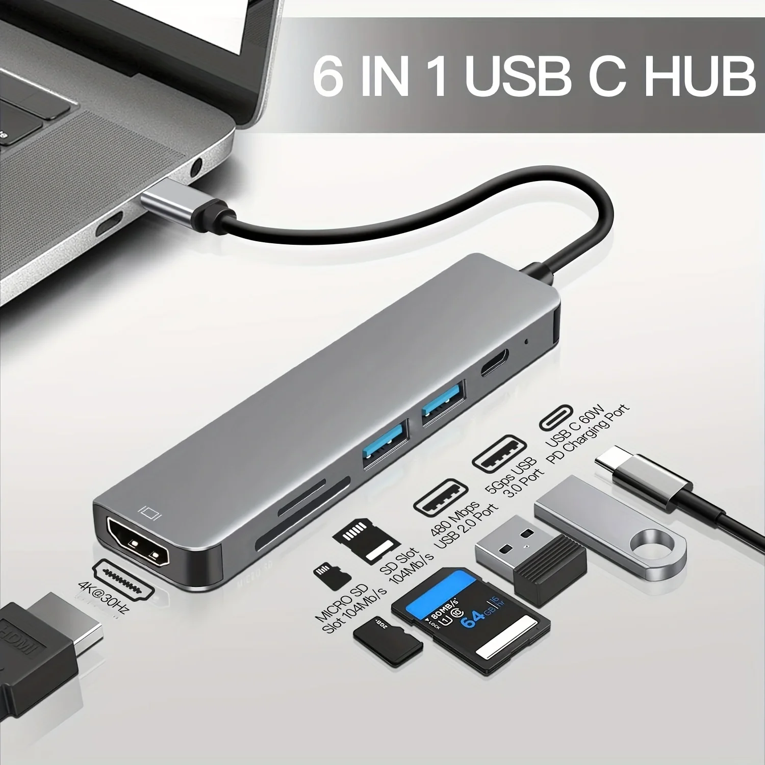 USB C 허브 멀티포트 어댑터, USB 3.0 데이터, TF/SD 카드 리더, 노트북 허브 독, 6 인 1, 4K @ 30Hz HDTV 100W 전원 공급