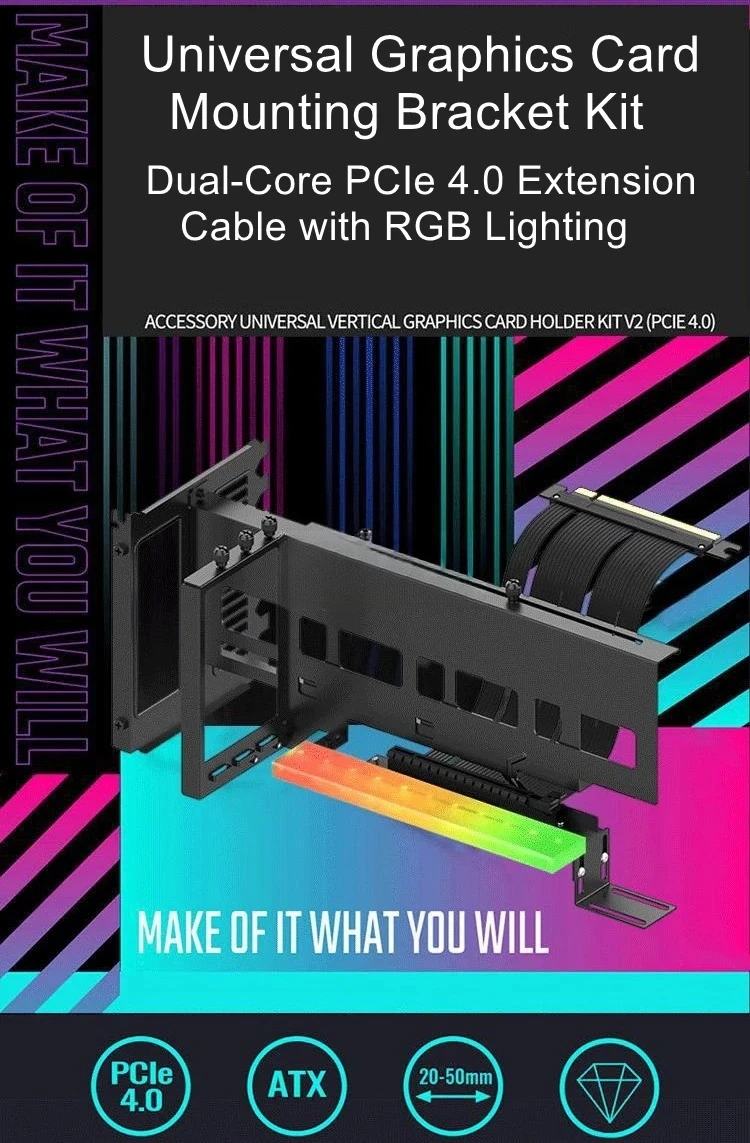 For PCI-E 4.0 Extension Cable and GPU Graphics Card Mounting Bracket, for Vertical 90-Degree Installation