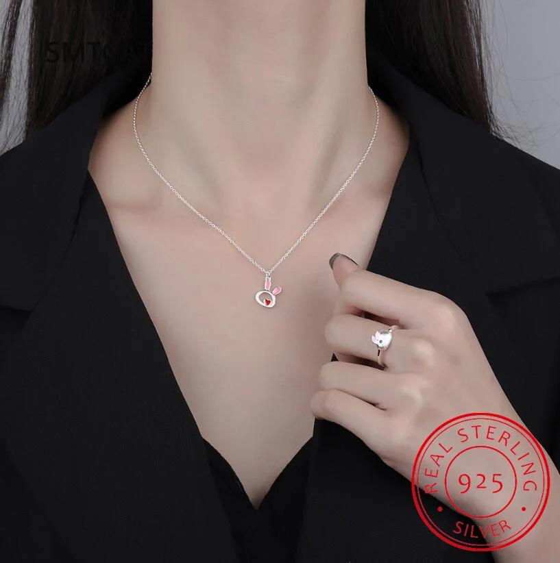 925 Sterling Silver Fine Jewelry Set Cute Animal Rabbit Necklace+Earring Two piece set joyas de plata For Women Girl Gift