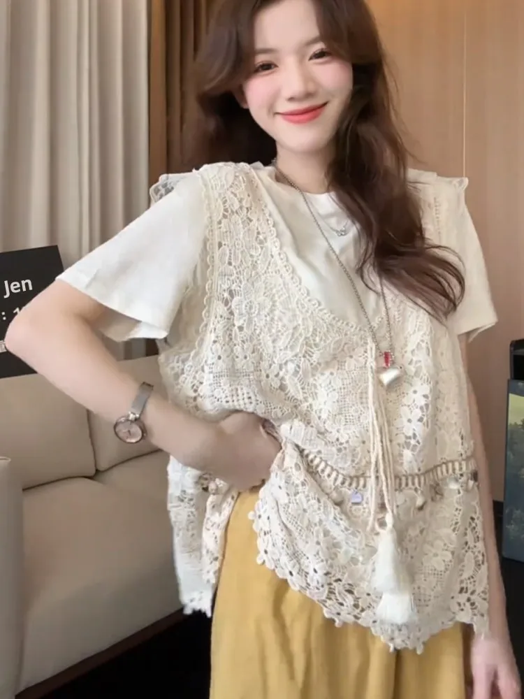 

Vaion Sle Lace Knitted Vest Women's Summer 2025 New Tassel Belted Openwork Embroidery Loose Fit Color Top
