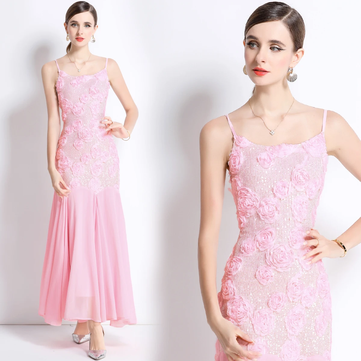 Summer French Elegant 3D Flower Reqiuns Long Prom Dress Women's Spaghetti Strap Sundress Blackless Evening Party Clothing