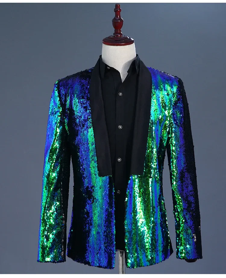 

Men Purple Blue Double Color Sequin Blazer Jacket Coat Male Singer Costumes Host Prom Party Dance Stage Bar Nightclub Outfit