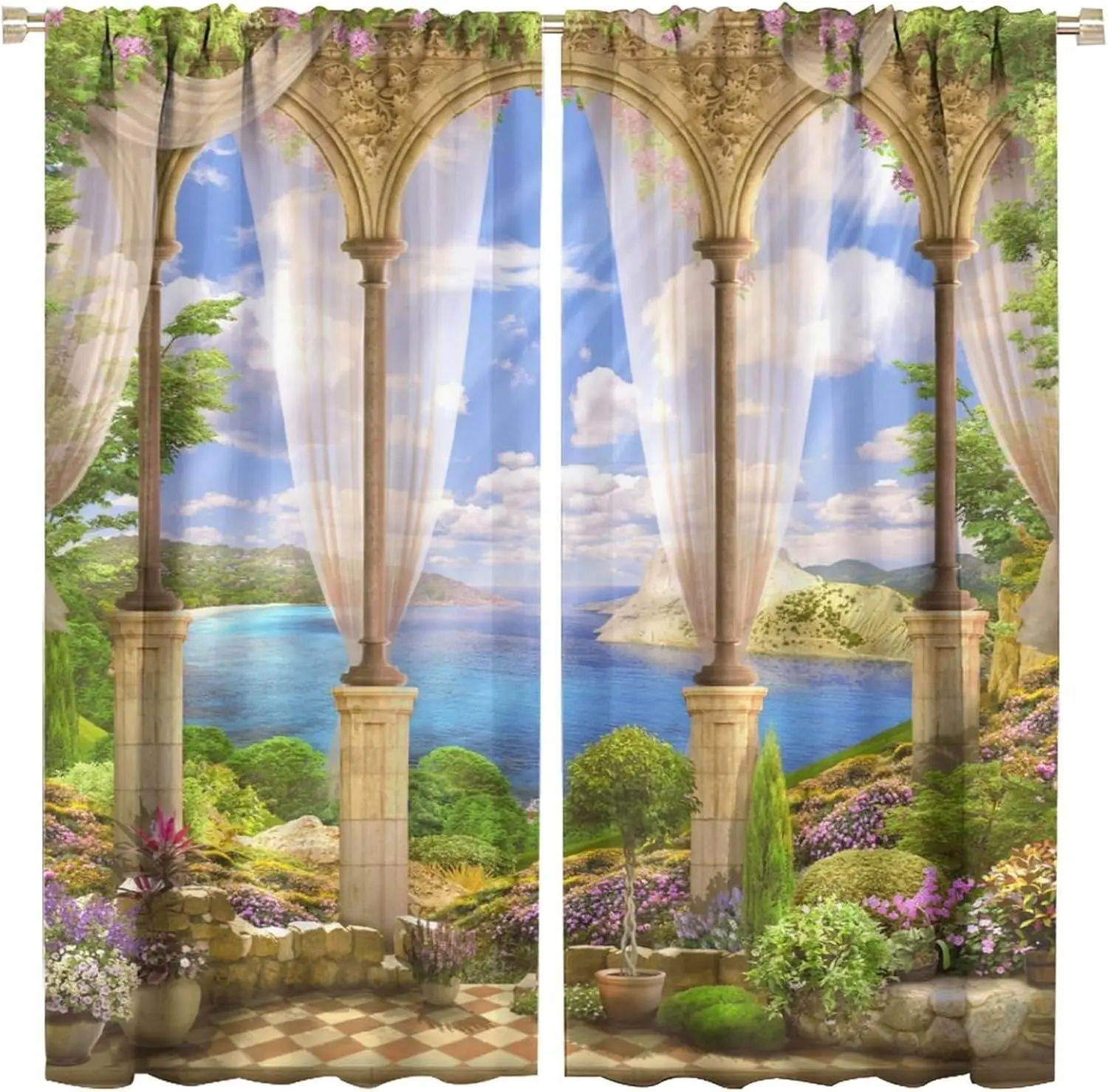 Retro Exotic Tropic View Curtains, Ancient Classic Roman Marble Stone Seaside Courtyard with Natural Lush Floral Plants Blackout