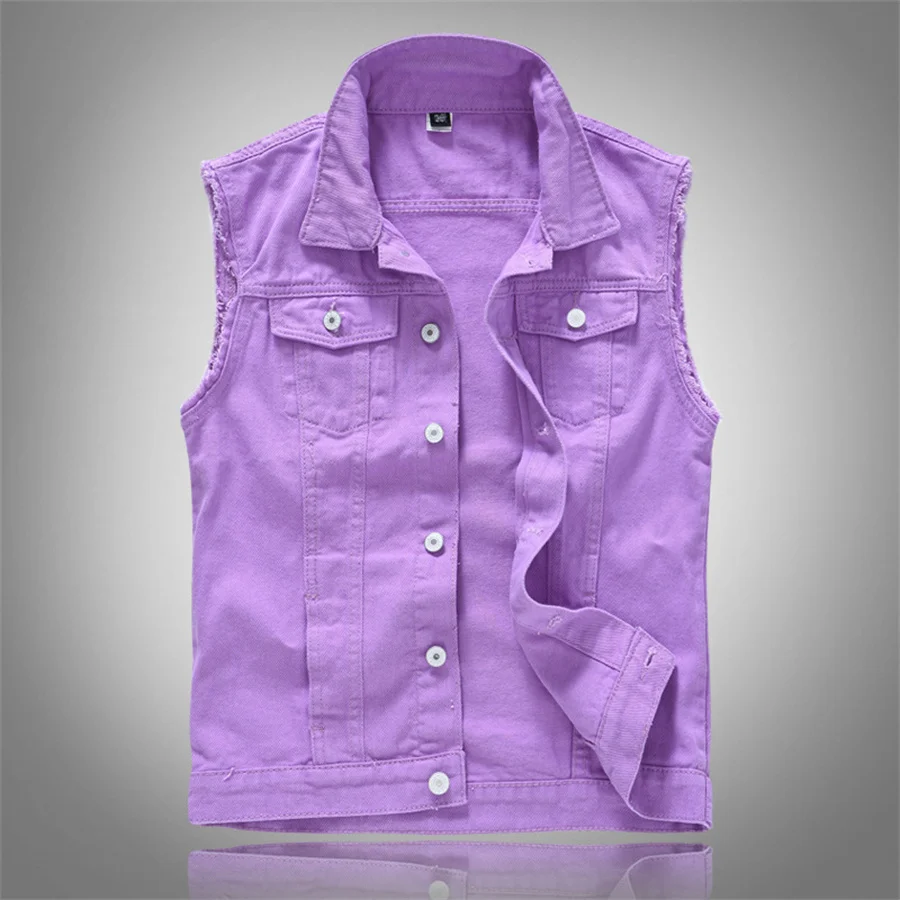 Men's Sleeveless Jeans Jacket Purple Denim Vest Leisure Cowboy Waistcoat Hip Hop Streetwear Male Lapel Gilet Coat Oversize