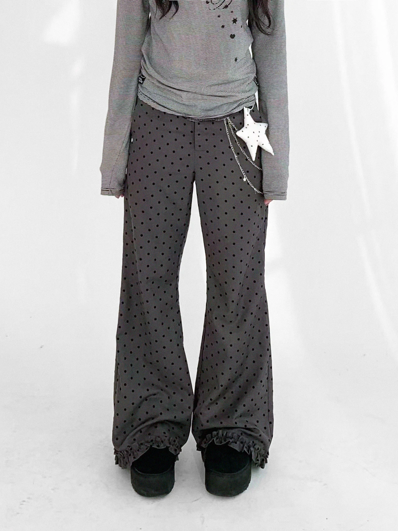 

Innood Floed Plaid Suit Pants Low Waist Flared Hem Long Loose Fit Ladies Casual Trousers Bla Dots Embelliment