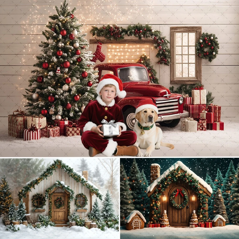 

Winter Christmas Photography Background Wooden Door Forest Xmas Tree Kids Family Portrait Decor Backdrop Photo Studi