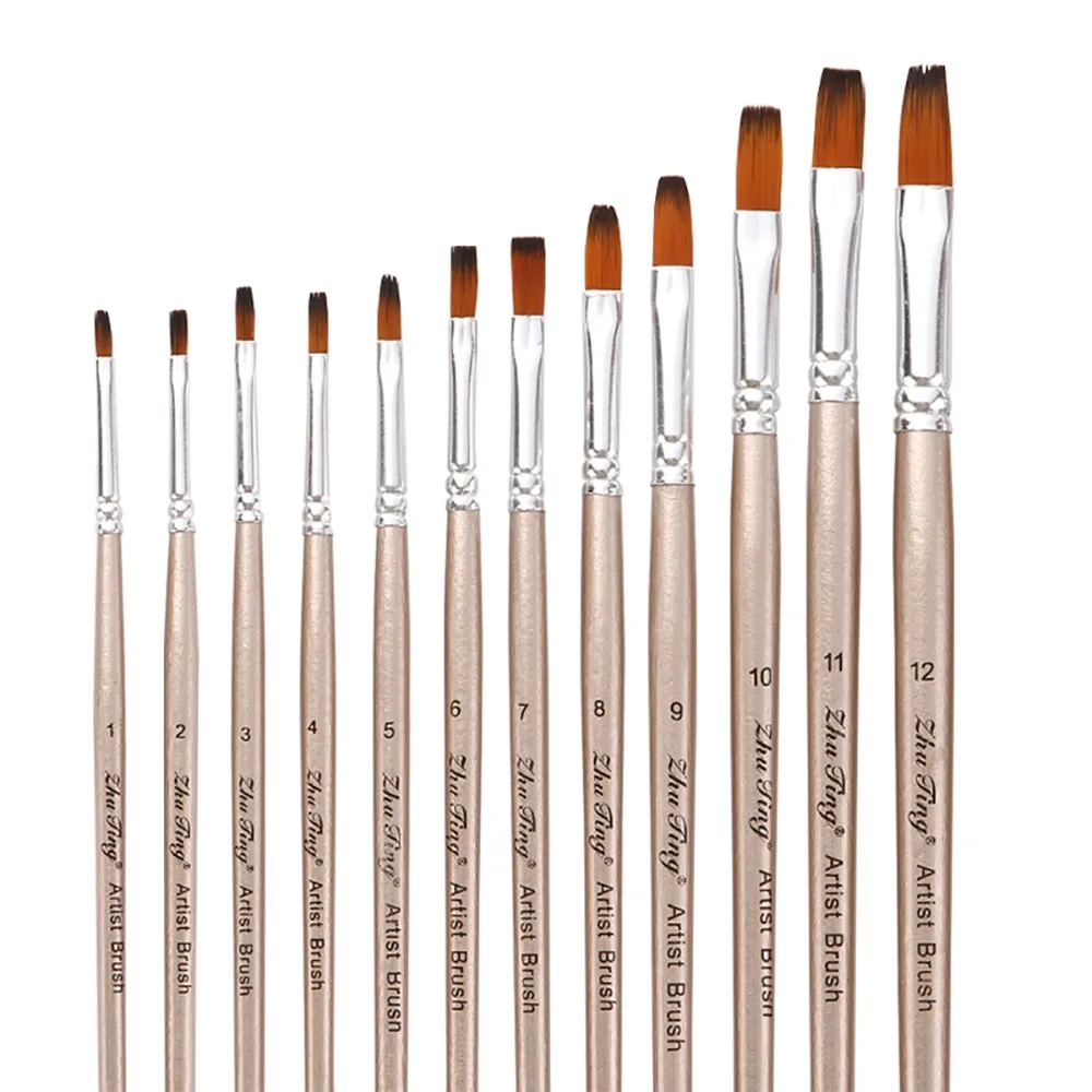 12Pcs Nylon Hair Paint Brush Set Flat Shader Wooden Handle Art Painting Brushes Angular Paintbrushes Fine Detail