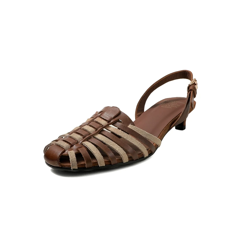 2026 Summer New Arrival Women's High Heels Sandals Genuine Leather Color-Block Design Round-Toe Back Strap Casual Bota Feminina